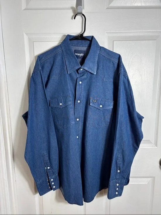 Wrangler Western Denim Shirt Blue Pearl Snap XXL Cowboy Rodeo - Picture 2 of 10